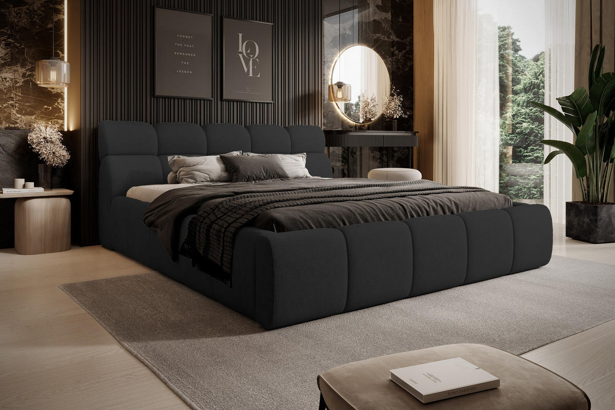 POLSTERBETT GIULIA, komfortabel, mit Bettkasten, verstellbarem Kopfteil und LED, 140x200x96 cm, Farbe Schwarz - Schwarz, Holzwerkstoff/Kunststoff (140/200cm) - DomoHome