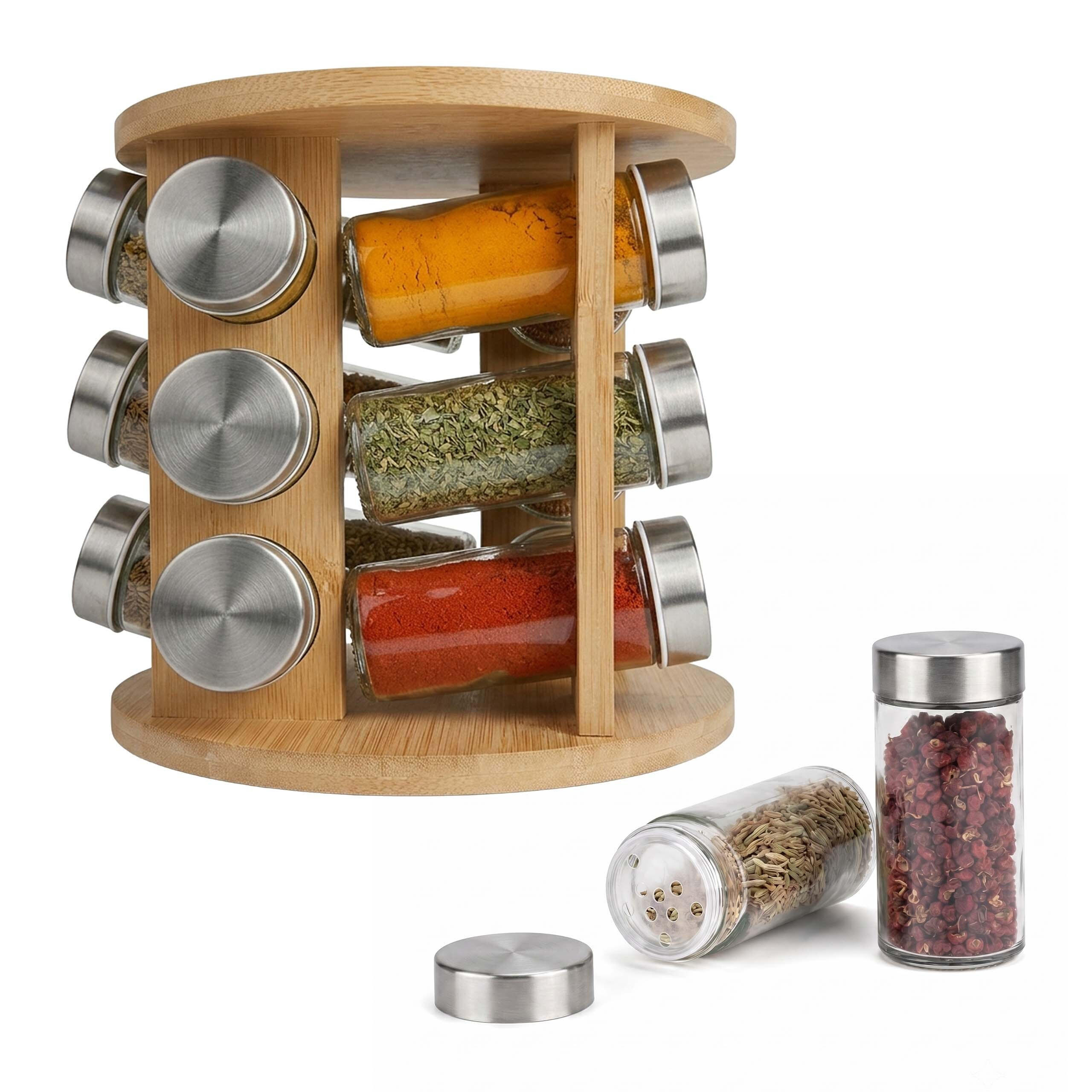 GEWÜRZKARUSSELL Natur 12er-Set Bambus drehbar - Multicolor, Glas/Holz (19/21/19cm) - Relaxdays