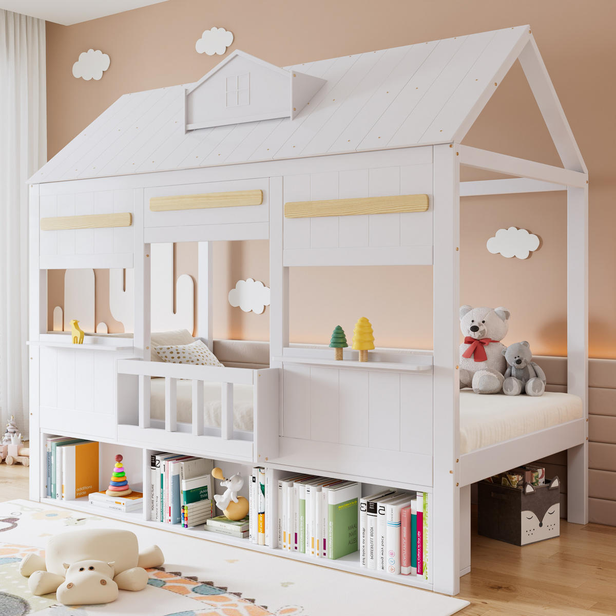 HAUSBETT 90/200 cm Weiß aus Kiefer und MDF mit Bücherregal - Weiß, Holz (90/200cm) - OKMYHOME