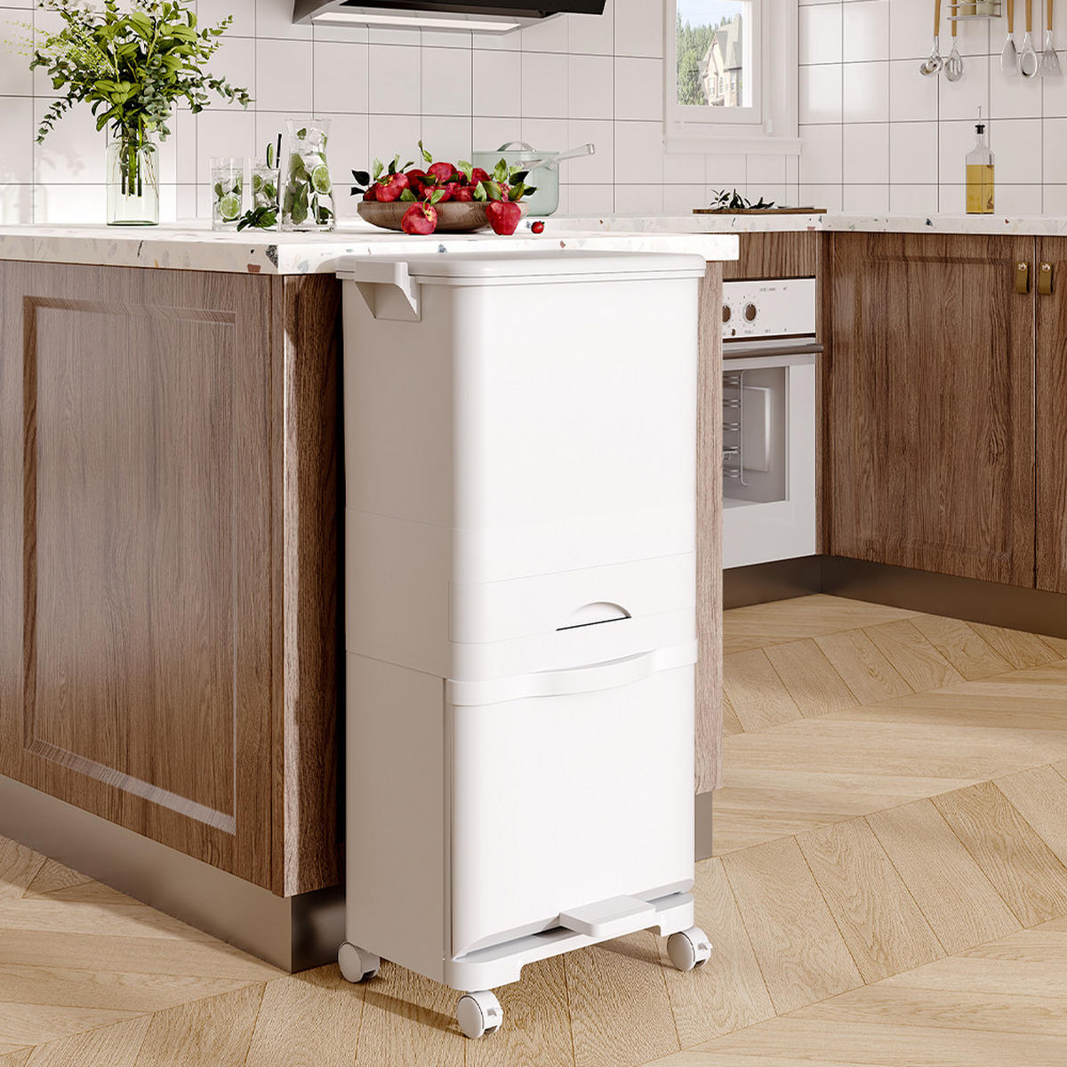 MÜLLEIMER 42L Mülltrennung 3-Stufig Schublade Rollen Kunststoff Weiß - Weiß, Kunststoff (42/84/28.2cm) - Livingandhome
