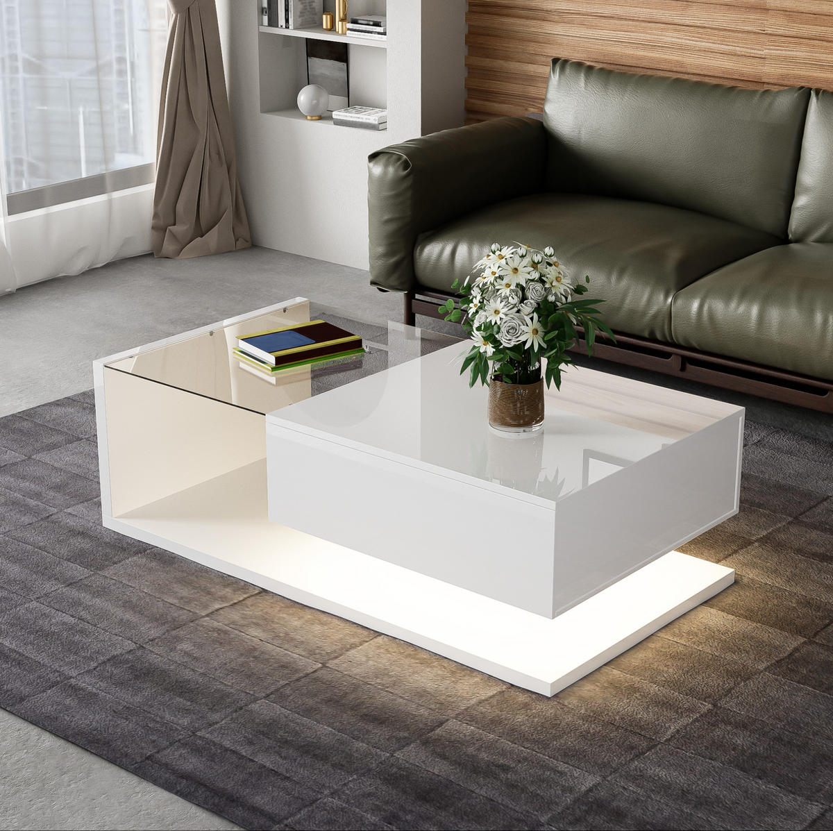 COUCHTISCH, Hochglanz-Weiß mit gehärtetem Glas und 16‑farbiger dimmbarer LED, 105/55/32,5 cm,Weiß - Weiß, Holzwerkstoff (105/55/32.5cm) - Redom