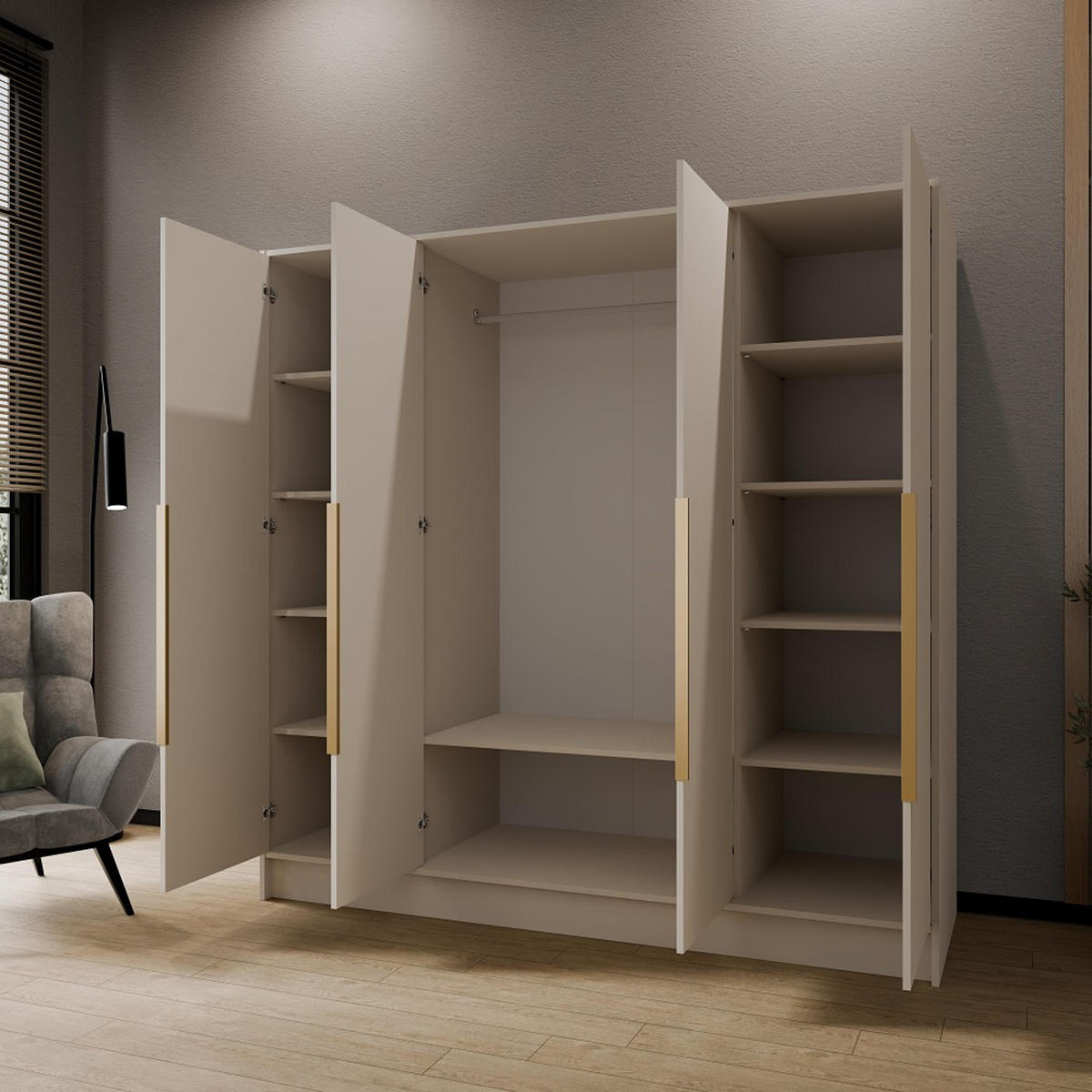 DREHTÜRENSCHRANK Pavia ohne Spiegel, Kaschmir mit goldenen Griffen, 200 cm - Kaschmir/Goldfarben, Holzwerkstoff (200/200/51cm) - Beautysofa