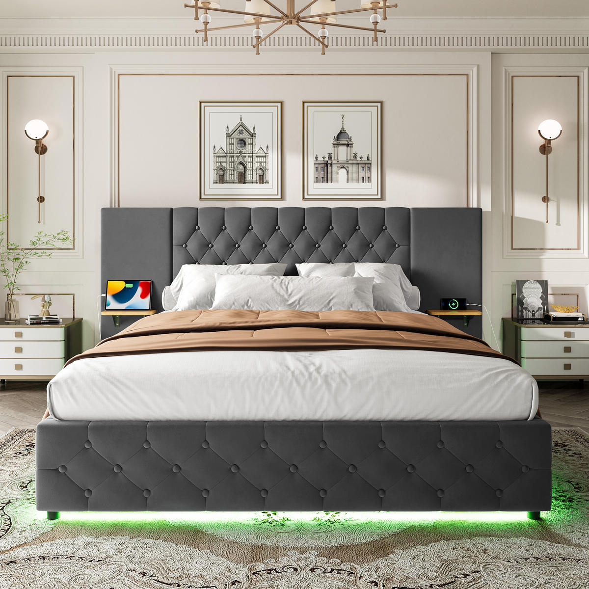 POLSTERBETT aus Samt 140x200 cm in Grau mit LED & USB & Stauraum - Grau, Textil (140/200cm) - Modfu