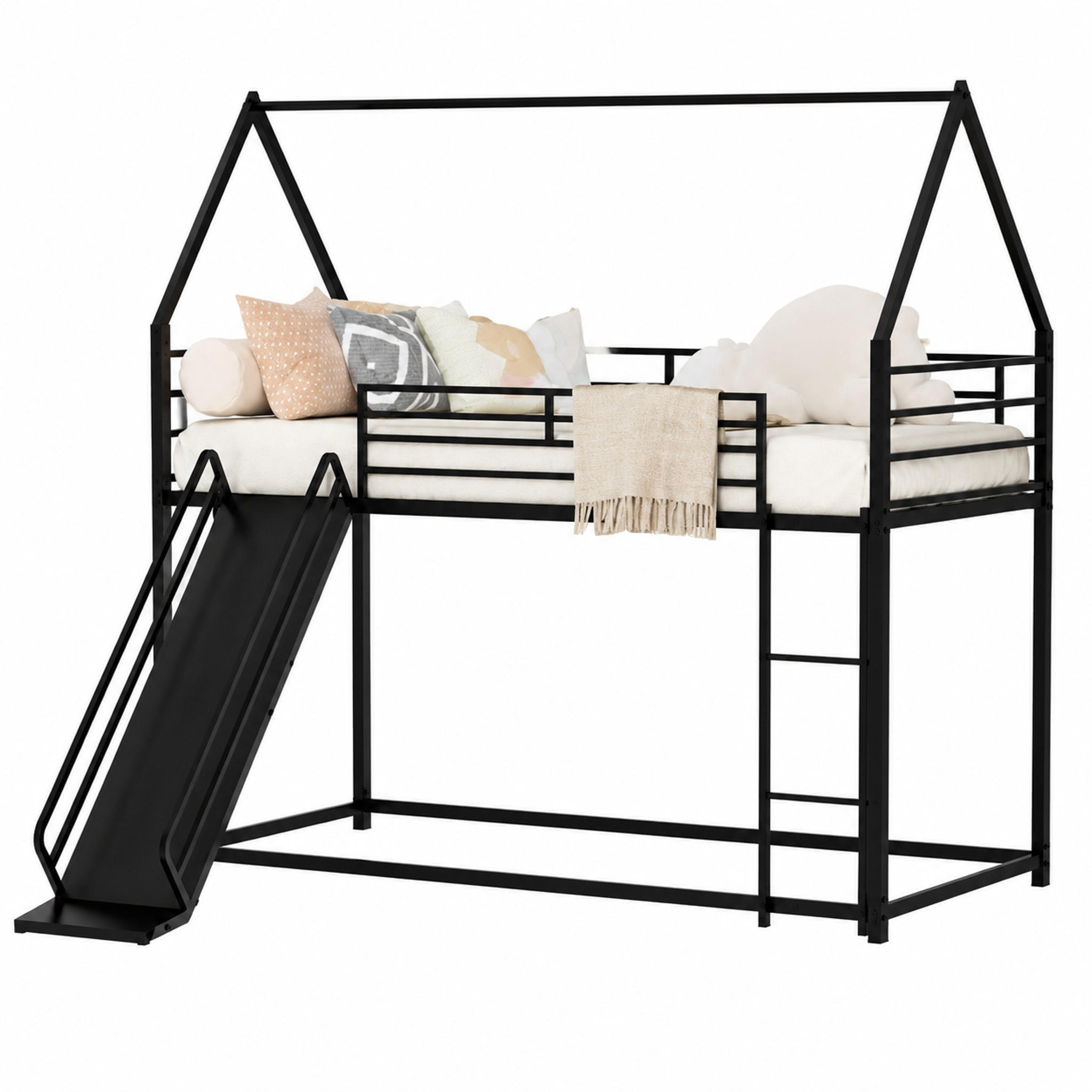 ETAGENBETT mit Rutsche Metall Schwarz - Schwarz, Holz (90/190cm) - Meubliv
