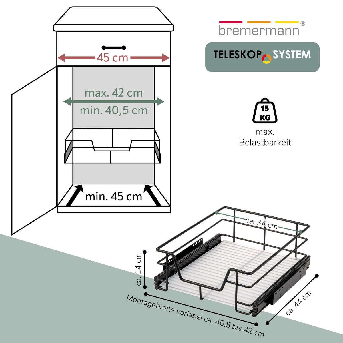 TELESKOPSCHUBLADE, schwarz, Metall - Schwarz, Metall (42/14/44cm) - bremermann