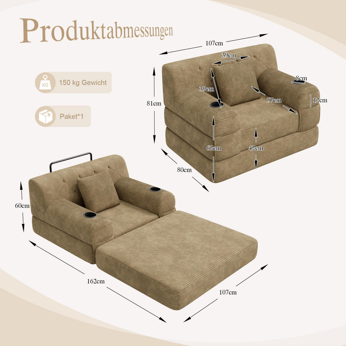 ROZKLÁDACÍ KŘESLO Khaki z manšestru s držáky nápojů - písková barva, textil (107/81/80cm) - Urban Meuble