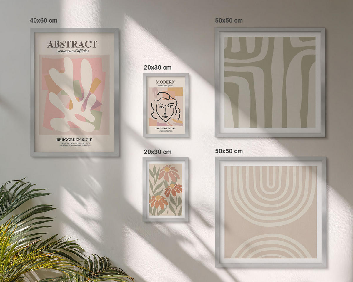 WANDBILDER 5er Set - 50x50 cm & 20x30 cm & 40x60 cm Silberner Rahmen - Abstrakte Pflanzenformen - Silberfarben, Kunststoff (40/60cm) - ArtPrintCave