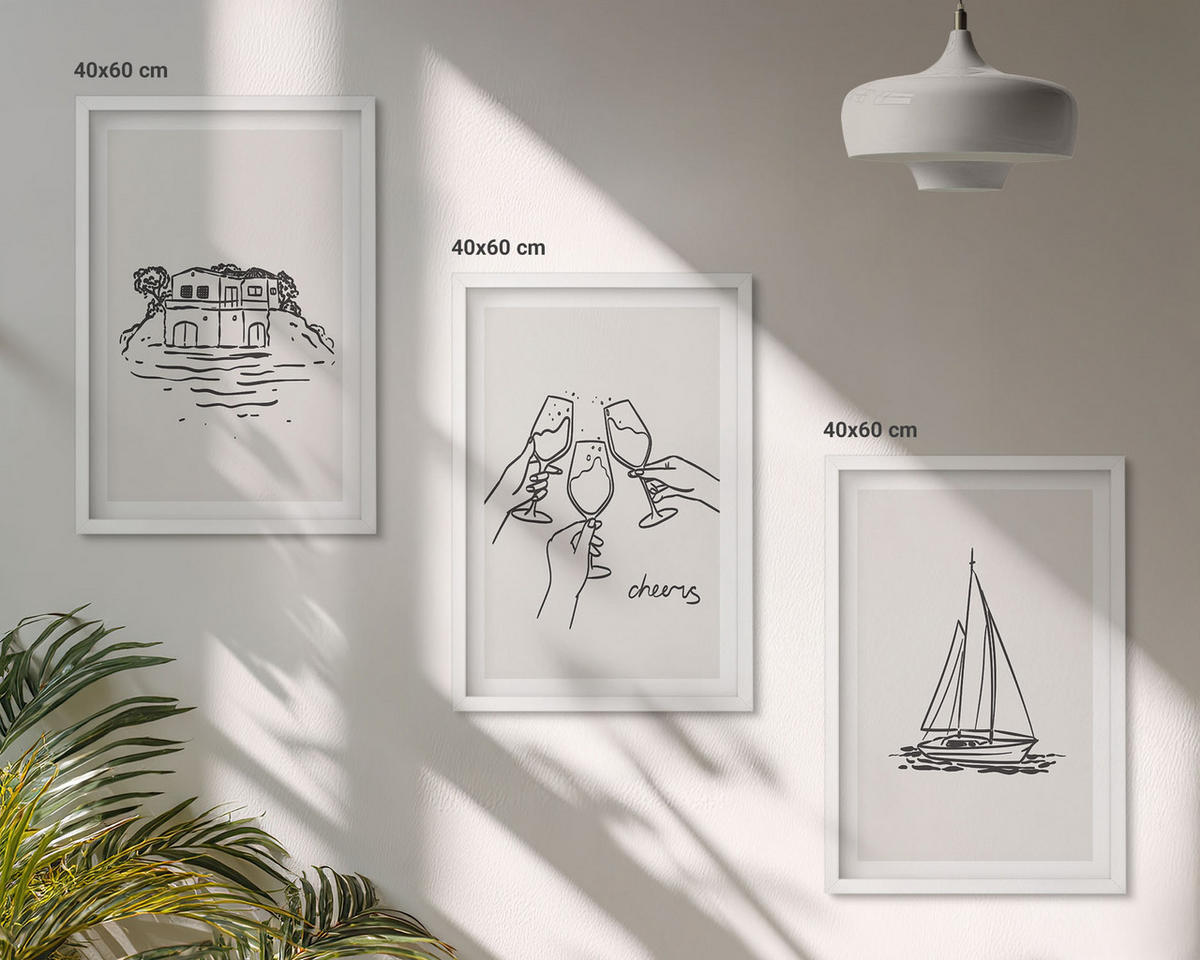 BILDER SET 3er Set - 40x60 cm Weißer Rahmen - Haus am Wasser, Segelboot-Toast - Weiß, Kunststoff (40/60cm) - TULUP