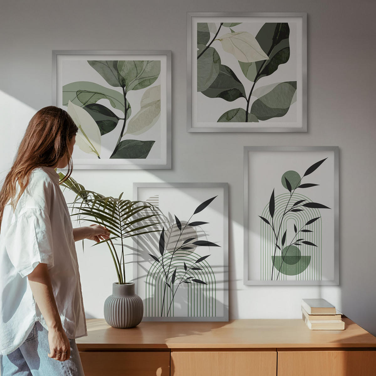 BILDER SET 4er Set - 50x50 cm & 40x60 cm Silberner Rahmen - Boho-Pflanzenkompositionen - Silberfarben, Kunststoff (50/50cm) - TULUP