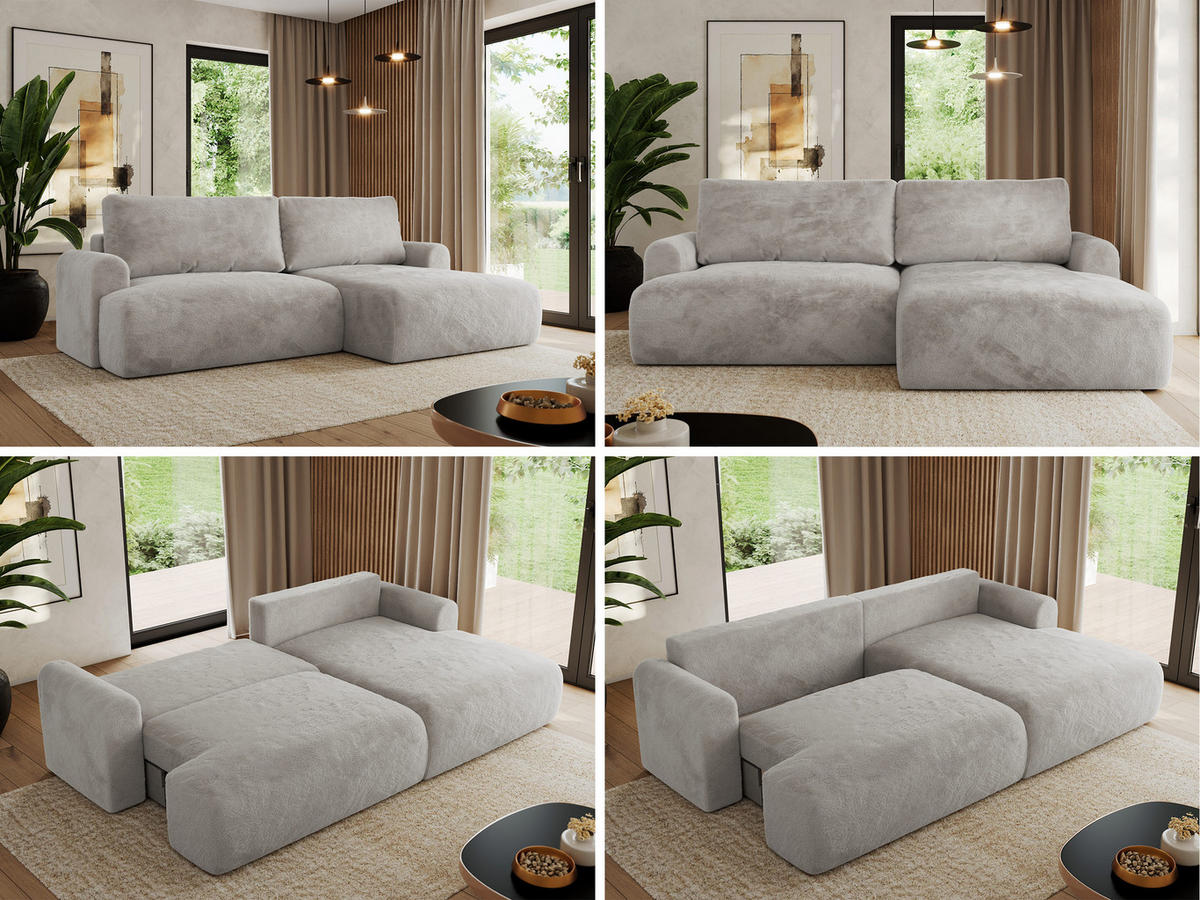 ECKSCHLAFSOFA TONO L Hellgrau Plüsch - rechts - Hellgrau/Schwarz, Kunststoff/Textil (150/260cm) - MKS