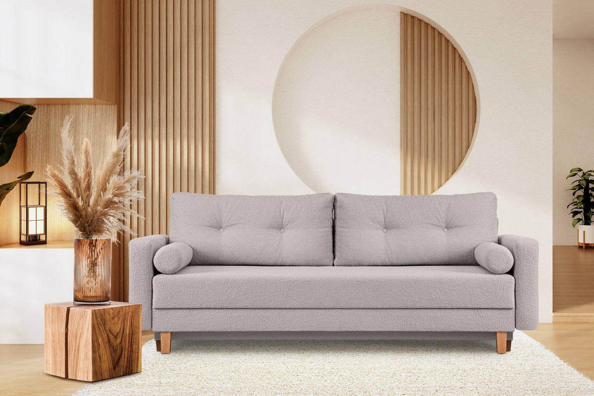 3-SITZER-SCHLAFSOFA ERISO mit weiche Sitzfläche und hohe Rückenlehne, Bouclé-Stoff, aschfahl - Hellgrau/Braun, Textil (220/80/100cm) - KONSIMO®