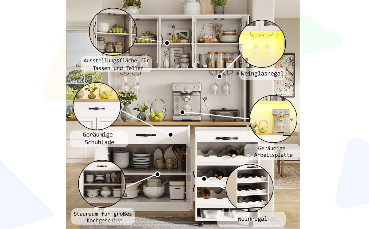 BUFFET Hoher Küchenschrank mit Rollwagen, Weinstauraum, Holz/Glas/Metall, Natur/Schwarz, MDF - Weiß, Holzwerkstoff/Metall (140/180/38cm) - EVRYAE