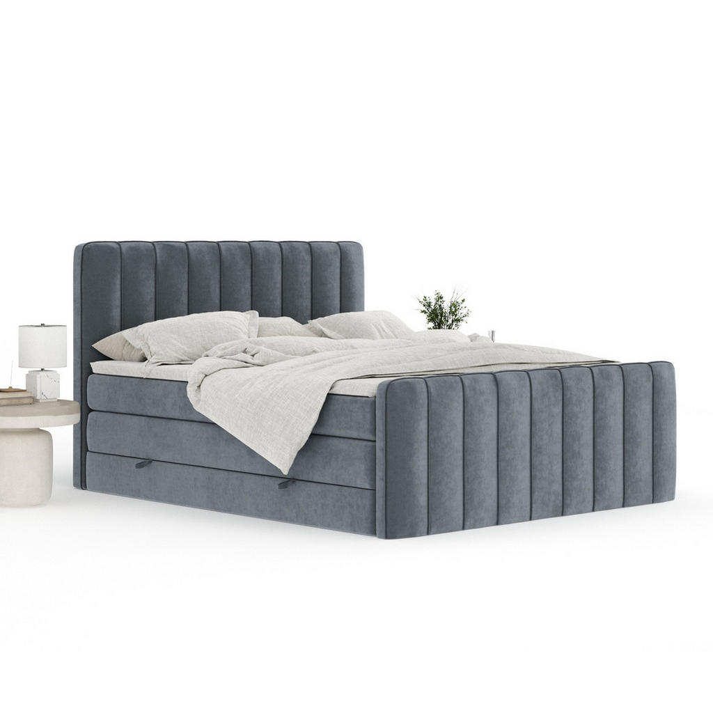 Thumbnail - Maison de Reve Boxspringbett, Grau, Textil, Buche, Kiefer, H3 + H4, 7-Zonen, Höhe ca. 40 cm, 160x200 cm, Handmade in Eur...