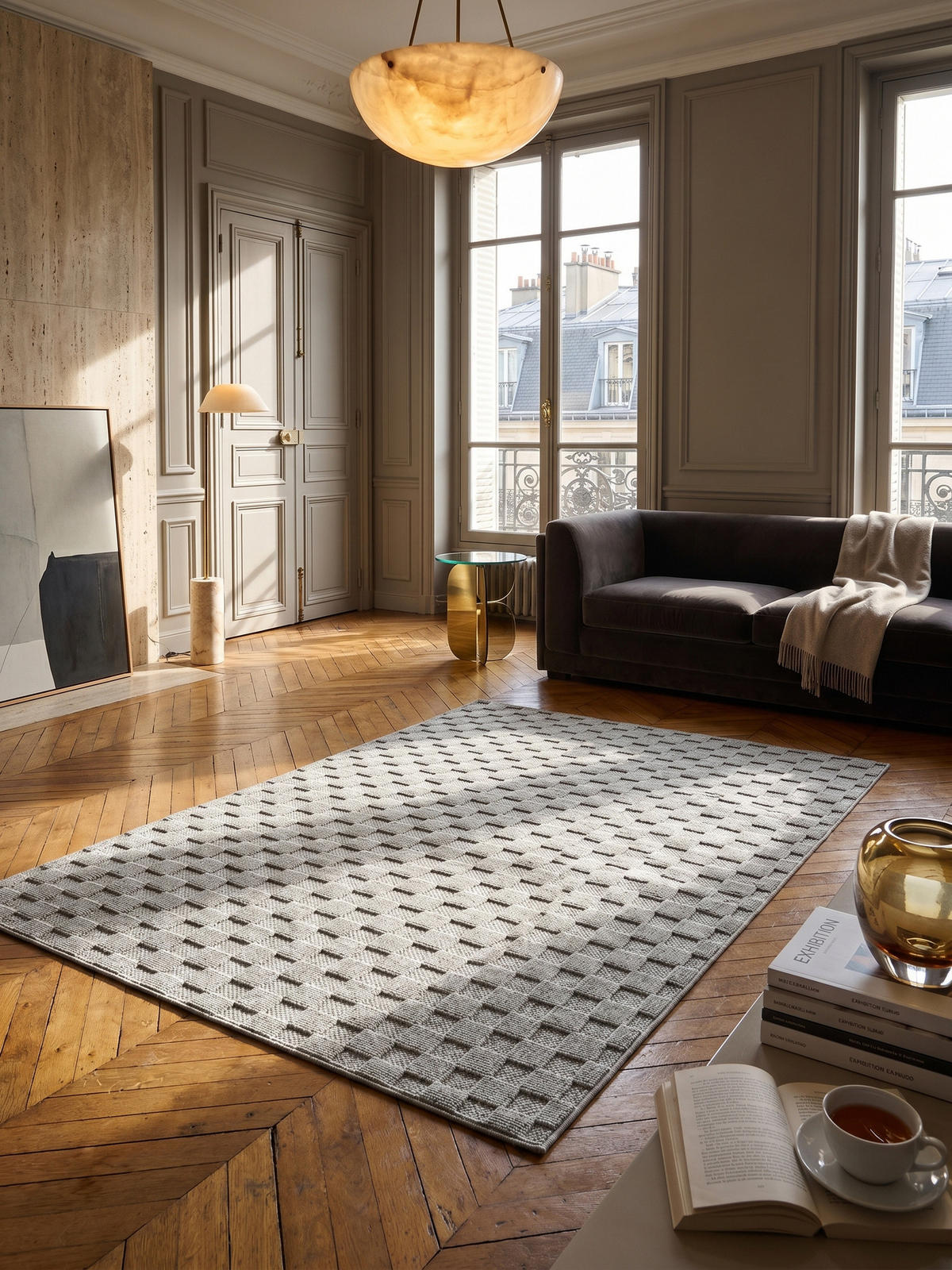 TEPPICH Flachgewebe LANGAU in Silber, mit Schachbrettmuster, 120 x 170 cm - Silberfarben, Textil (120/170cm) - KADIMA DESIGN