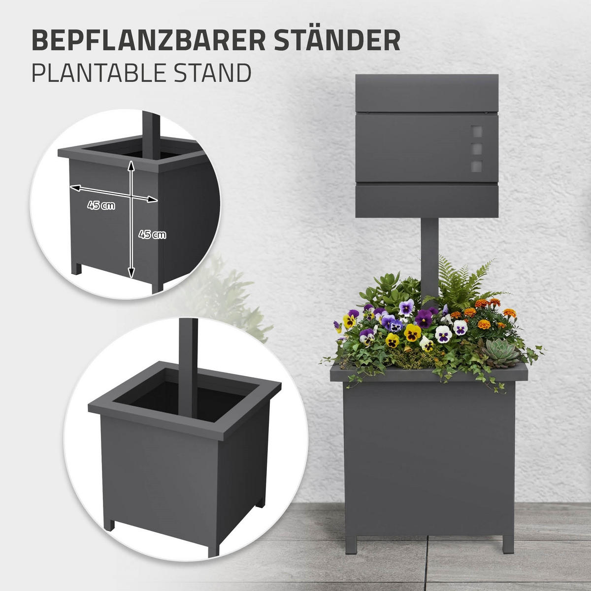 BRIEFKASTENSTÄNDER mit Pflanzkasten Anthrazit H:120 cm aus Stahl - Grau, Metall (120cm) - ML-DESIGN