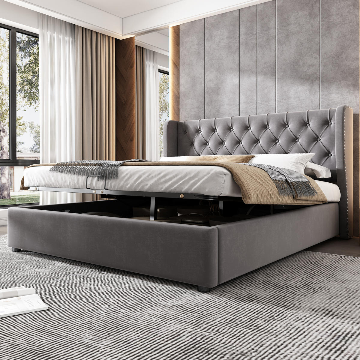 POLSTERBETT 140/190 cm mit hydraulischem Bettkasten, Samtbezug und Nieten-Design, Grau - Grau, Textil (140/190cm) - Redom