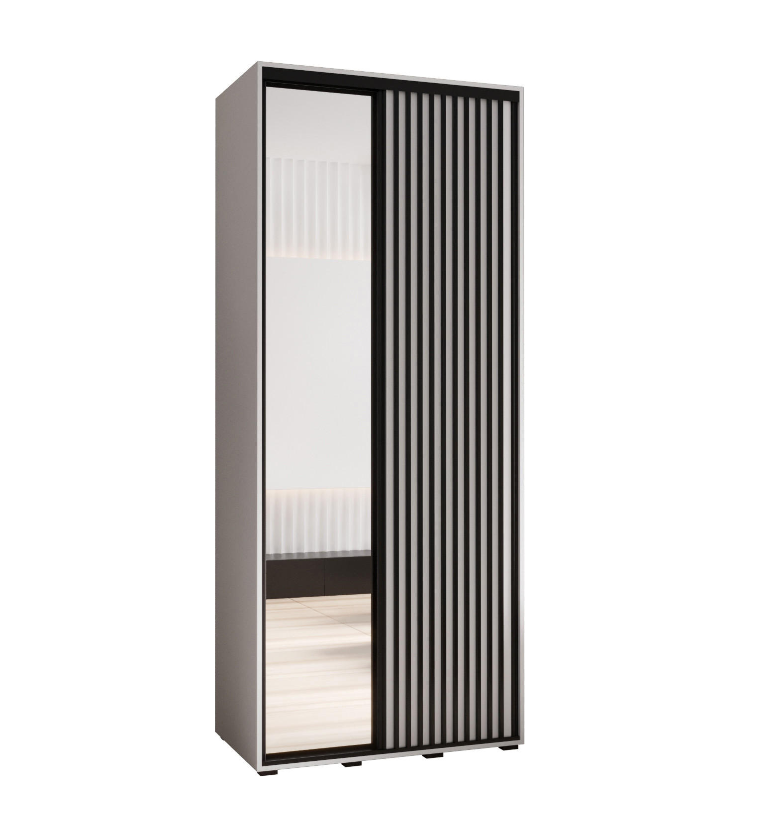Abiks Möbel Schwebetürenschrank Weiß, Weiß, Schwarz 110x235x45 cm