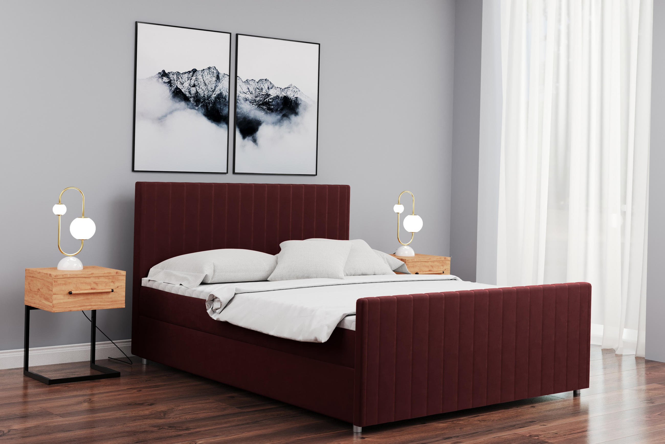 BOXBETT mit Bettkasten Matratze Topper LATINO stoff Velvet 120x200 cm Rotwein H3-Bonell - Rot, Holz/Holzwerkstoff (120/200cm) - Kaiser Möbel