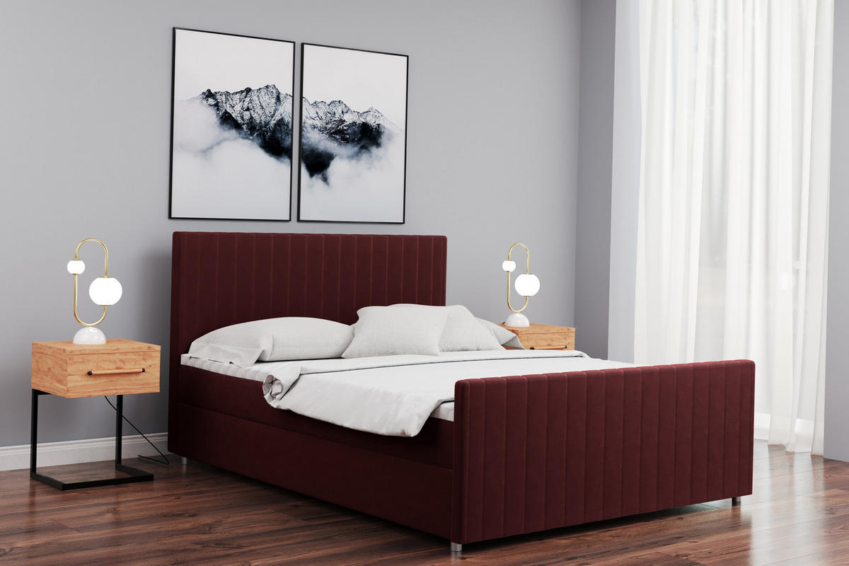 BOXBETT mit Bettkasten Matratze Topper LATINO stoff Velvet 200x200 cm Rotwein H2-Pocket - Rot, Holz/Holzwerkstoff (200/200cm) - Kaiser Möbel