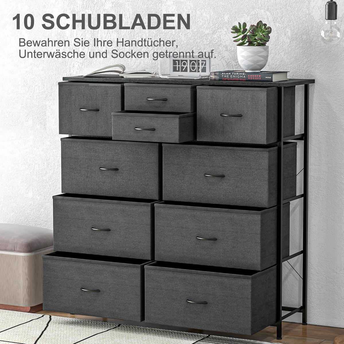KOMMODE, Aufbewahrungsschrank mit 10 Faltbaren Stoffschubladen, Stahl, Schwarz - Schwarz, Textil (30/100/100cm) - HOMCOM