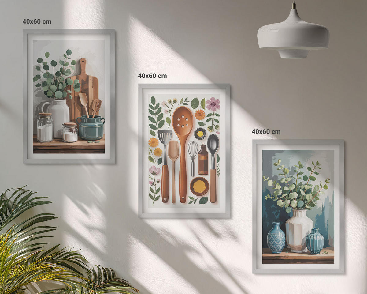 BILDER SET 3er Set - 40x60 cm Silberner Rahmen - Küchenaccessoires auf pflanzlicher Basis - Silberfarben, Kunststoff (40/60cm) - TULUP