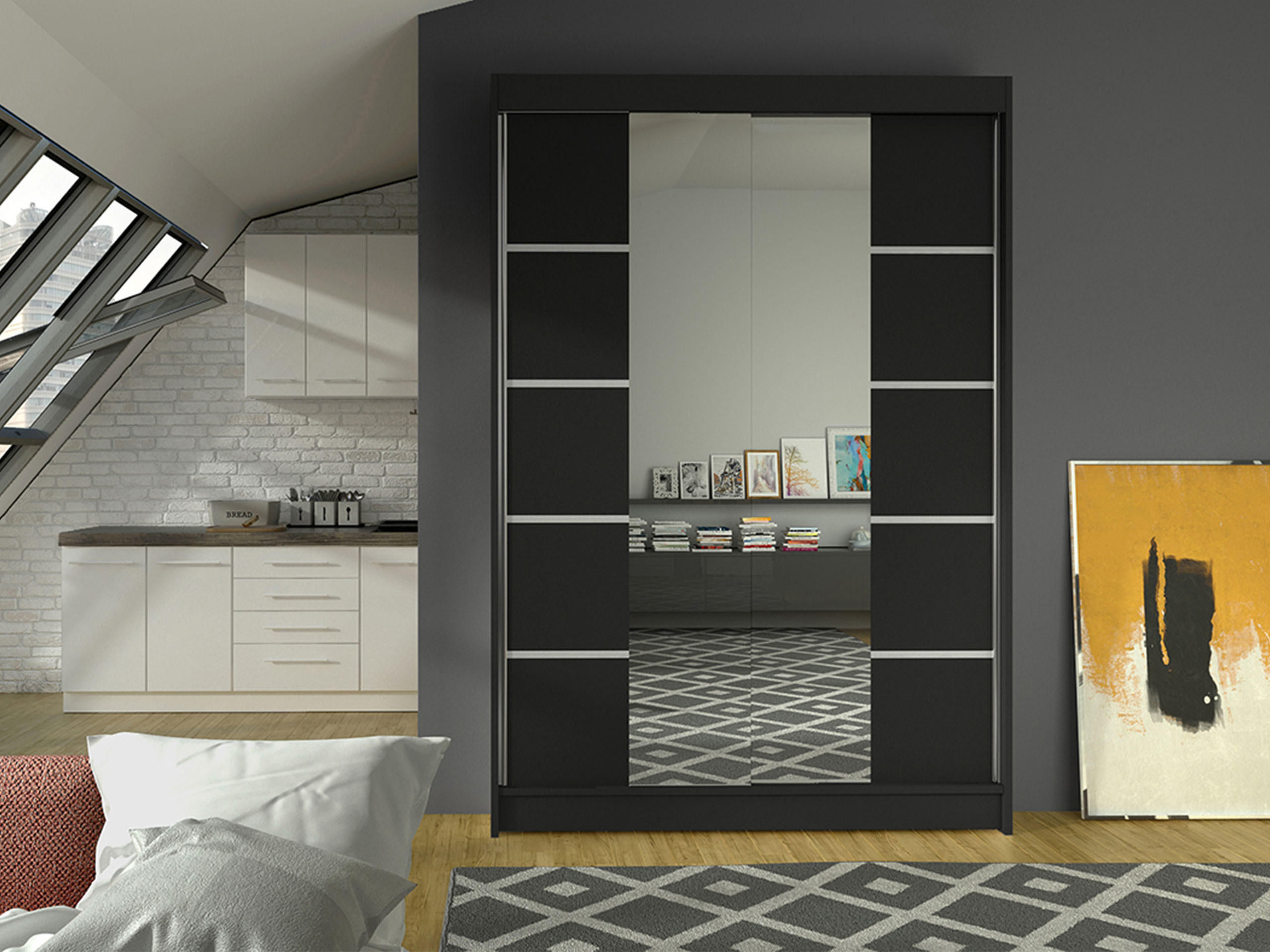 SCHWEBETÜRENSCHRANK Lino V - Schwarz, Holzwerkstoff/Metall (120/200/58cm) - MIRJAN24