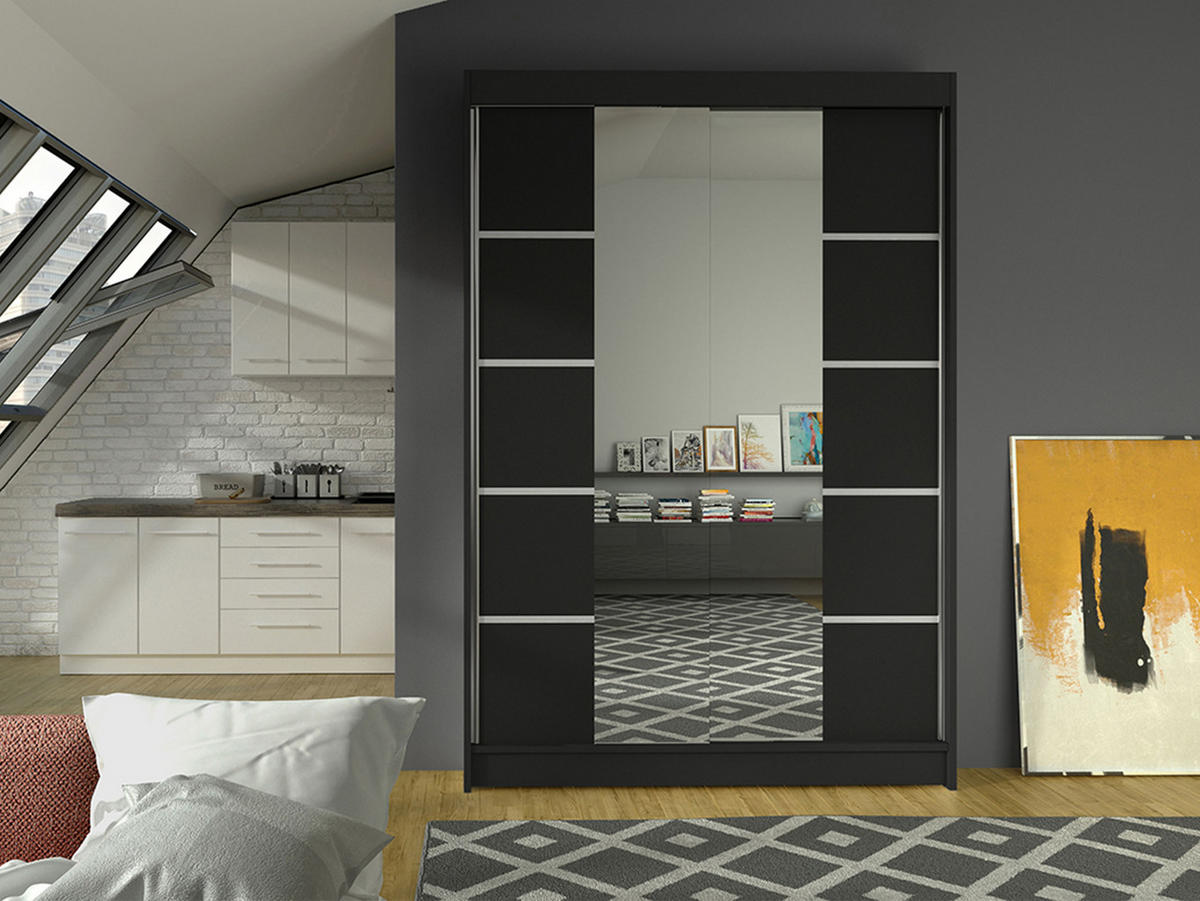 SCHWEBETÜRENSCHRANK Lino V - Schwarz, Holzwerkstoff/Metall (120/200/58cm) - MIRJAN24