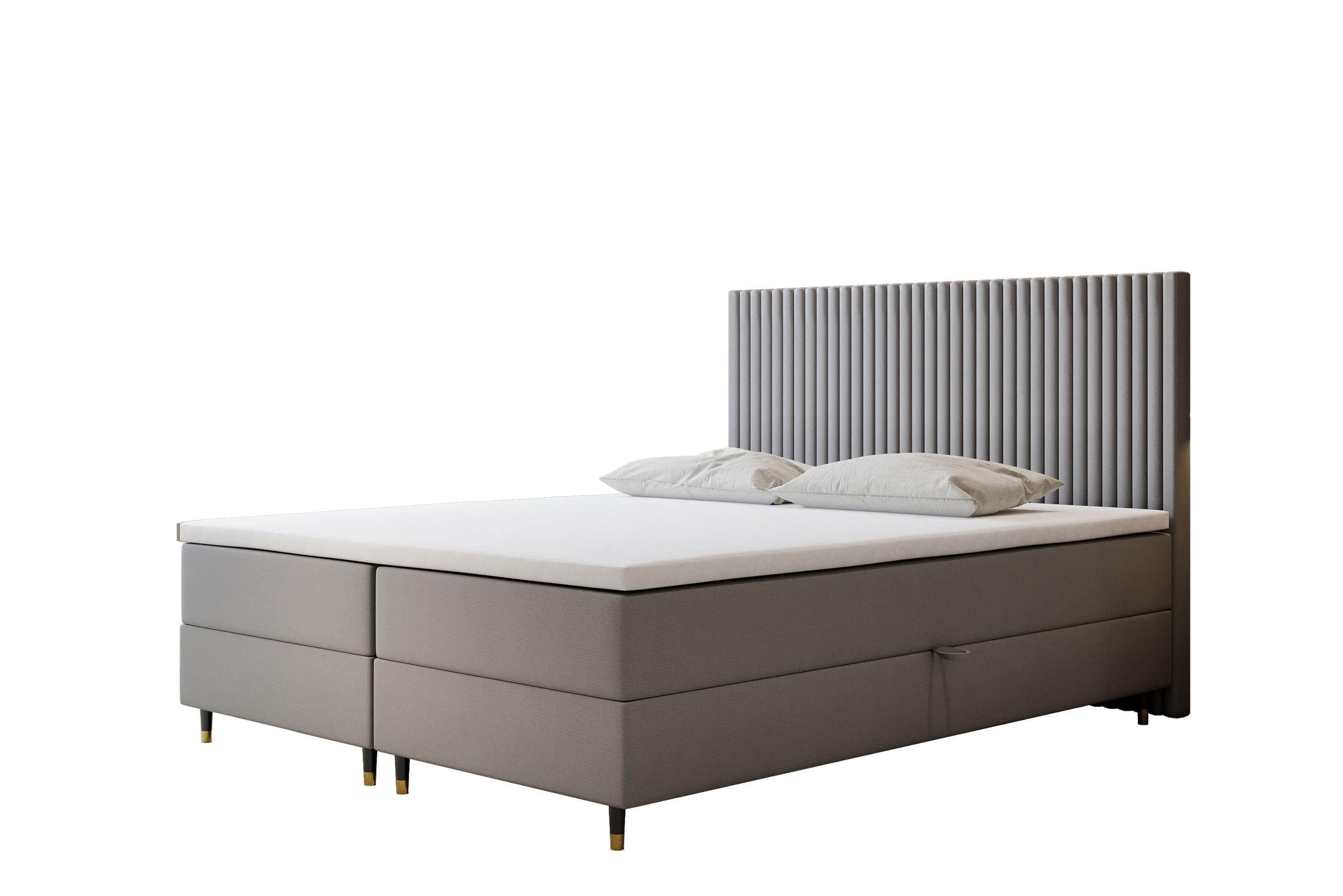 BOXBETT 180 x 200 cm mit Taschenmatratze ESTEPONA, Bettkästen mit Gasdruckfedern, Elegants gepolsterte Kopfstütze und Topper, Grau - Grau, Holz/Textil (180/200cm) - Trada