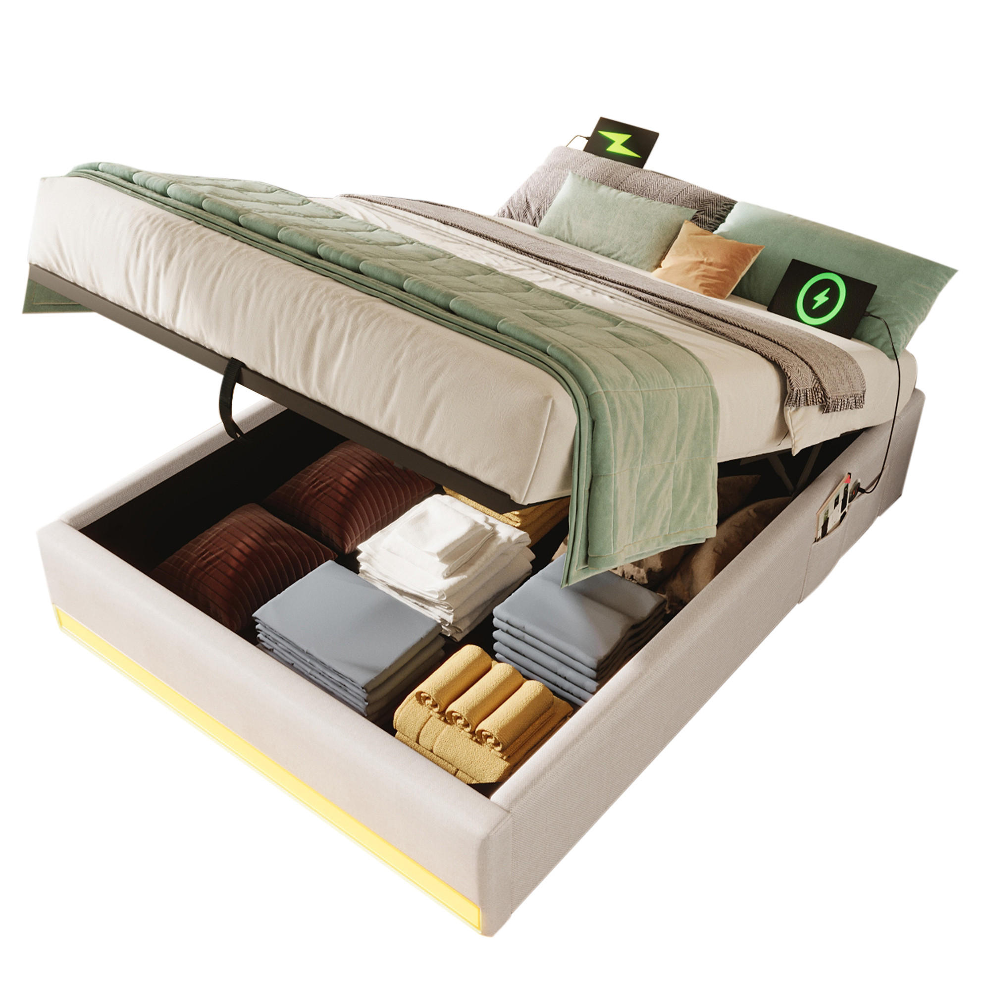 POLSTERBETT aus Leinen 90x200 cm Beige mit LED-Leiste, USB, Typ-C und hydraulischem Bettkasten - Beige, Textil (90/200cm) - Modfu