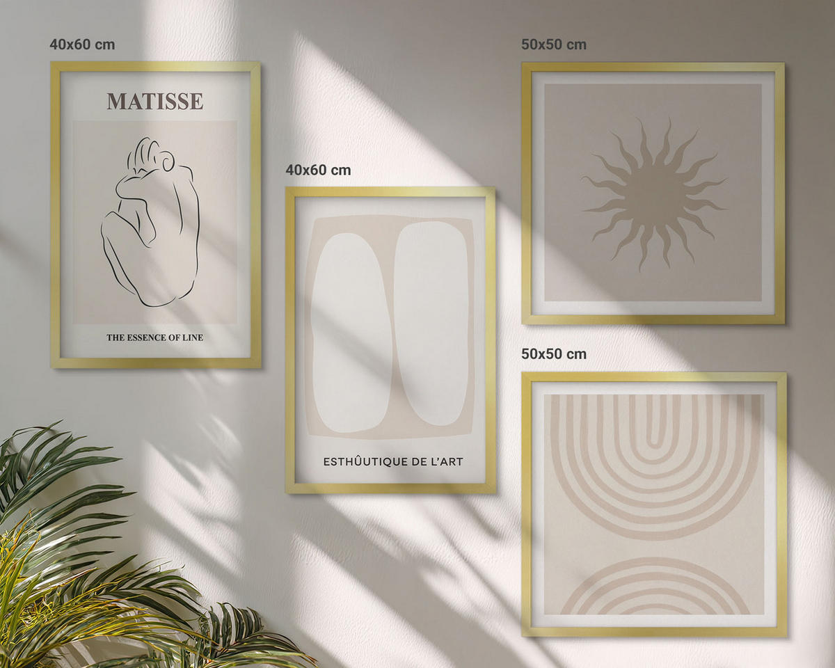 BILDER SET 4er Set - 50x50 cm & 40x60 cm Goldrahmen - Stilvolle minimalistische Linien - Goldfarben, Kunststoff (50/50cm) - TULUP