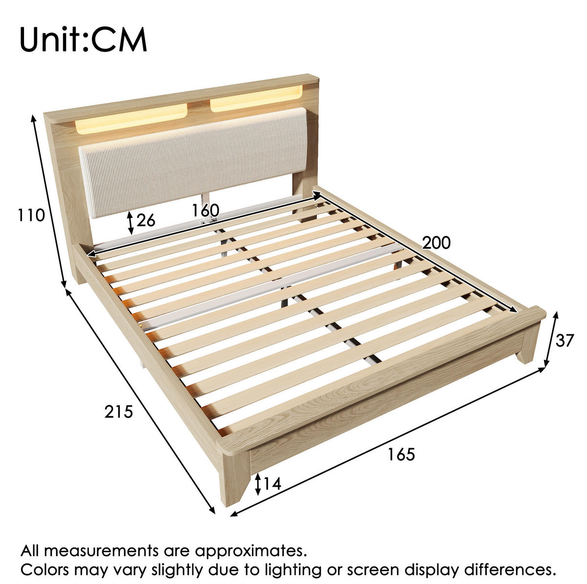DOPPELBETT 160/200 cm mit LED-Beleuchtung, Kopfteil mit Stauraum, Cord und Matratze, Eichefarben/Beige - Beige, Textil (160/200cm) - Redom