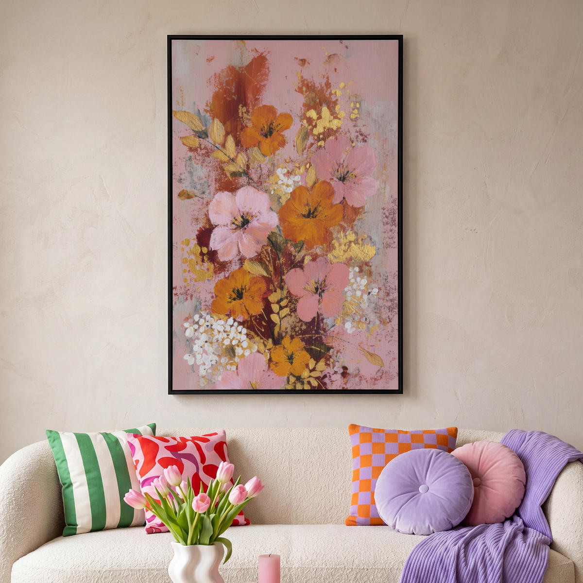 LEINWAND Bilder mit Rahmen - Malerei - Blumen - Rustikal - Rosa - 90x140 - Altrosa, Textil (90/140cm) - MuchoWow