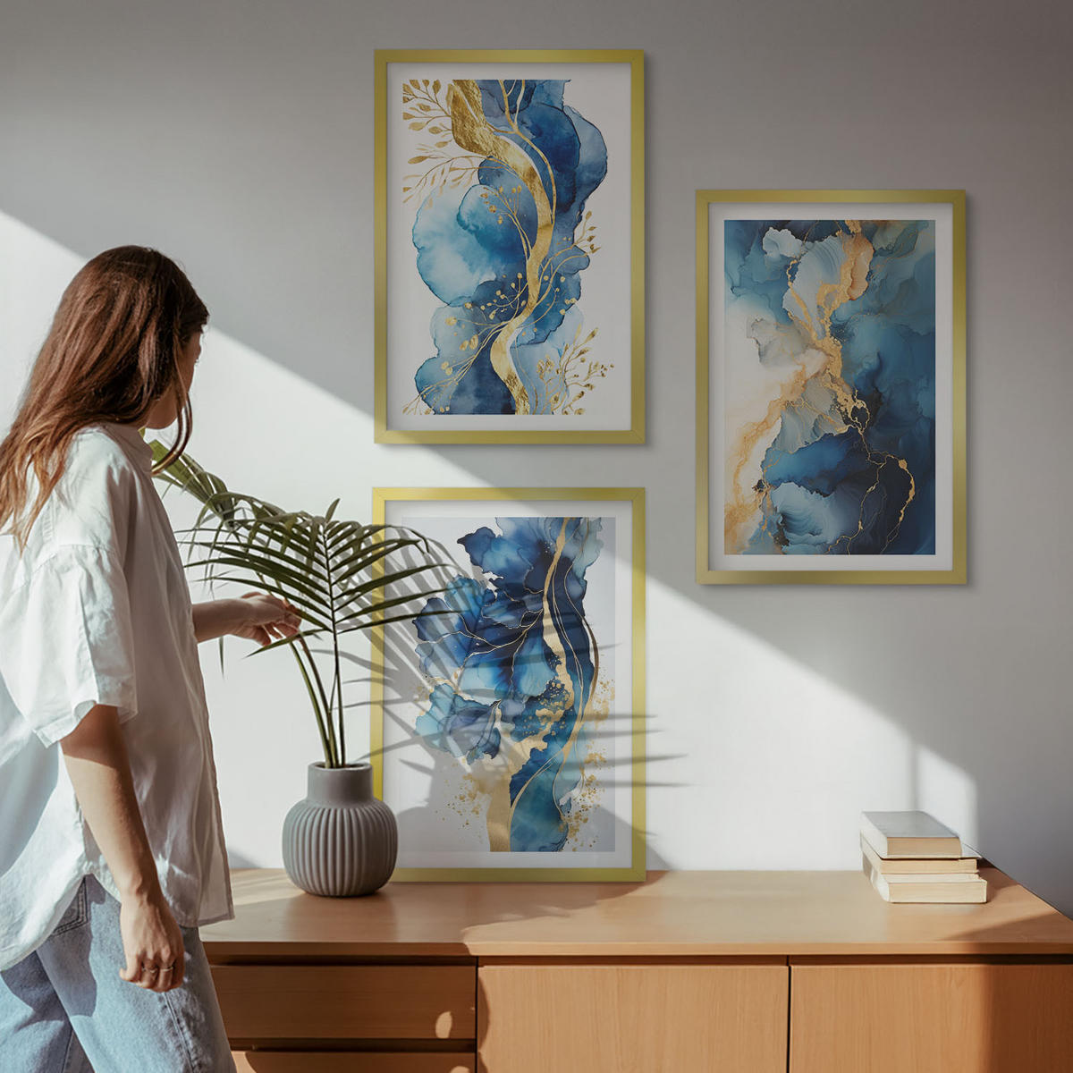 BILDER SET 3er Set - 40x60 cm Goldrahmen - Blaue abstrakte Muster - Goldfarben, Kunststoff (40/60cm) - TULUP
