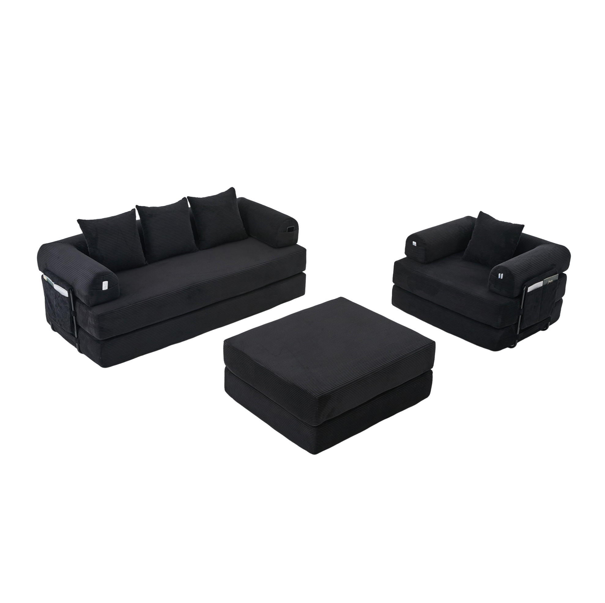 3-SITZER aus Cord 200x94x67 cm Schwarz mit Hocker, Metallgestell, Seitentasche und frei kombinierbaren Modulen - Schwarz, Textil (200/67/190cm) - Modfu