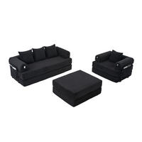 3-SITZER aus Cord 200x94x67 cm Schwarz mit Hocker, Metallgestell, Seitentasche und frei kombinierbaren Modulen - Schwarz, Textil (200/67/190cm) - Modfu