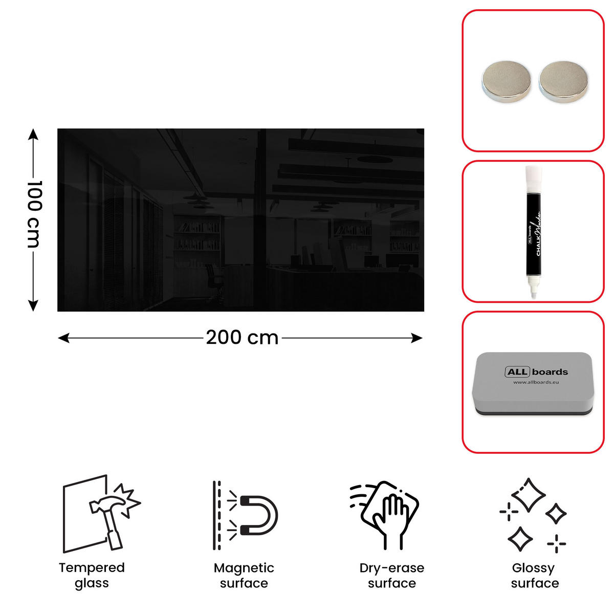 GLASBOARD - Schwarz 200x100cm + GRATIS - Schwarz, Glas (200/100/0.7cm) - ALLboards