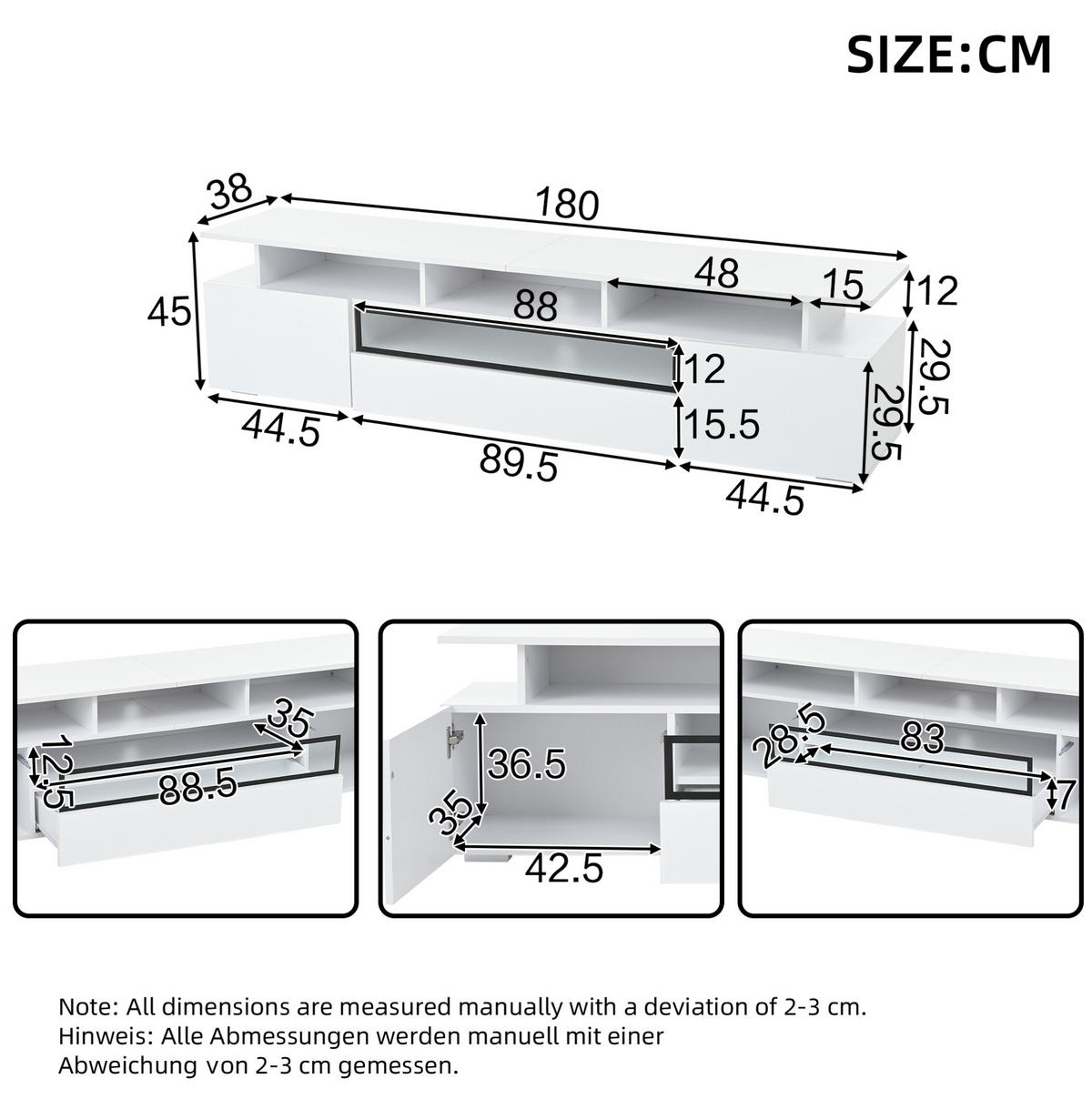 TV-LOWBOARD 180/38/45 cm mit LED-Beleuchtung, 2 Türen, 1 Schublade und Hochglanzfront, Weiß - Weiß, Holzwerkstoff (180/45/38cm) - Redom