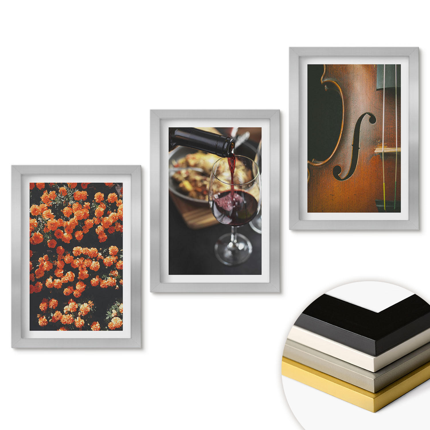 WANDBILDER 3er Set - 20x30 cm Silberner Rahmen - Vintage Blumen Wein Geige - Silberfarben, Kunststoff (20/30cm) - ArtPrintCave