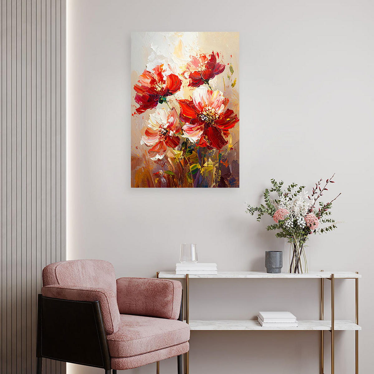 WANDBILD, Rote Blumen in einer warmen Aquarellkomposition - Rot, Textil (30/45cm) - Feeby