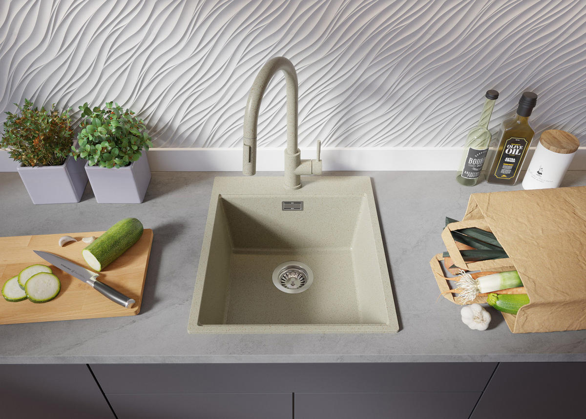 SPÜLBECKEN Oslo, 2-er set Beige 43/50 cm 1 Becken + Ablauf-Set + Schneidebrett ab 45er Unterschrank - Chromfarben/Beige, Kunststoff (43/20/50cm) - Primagran