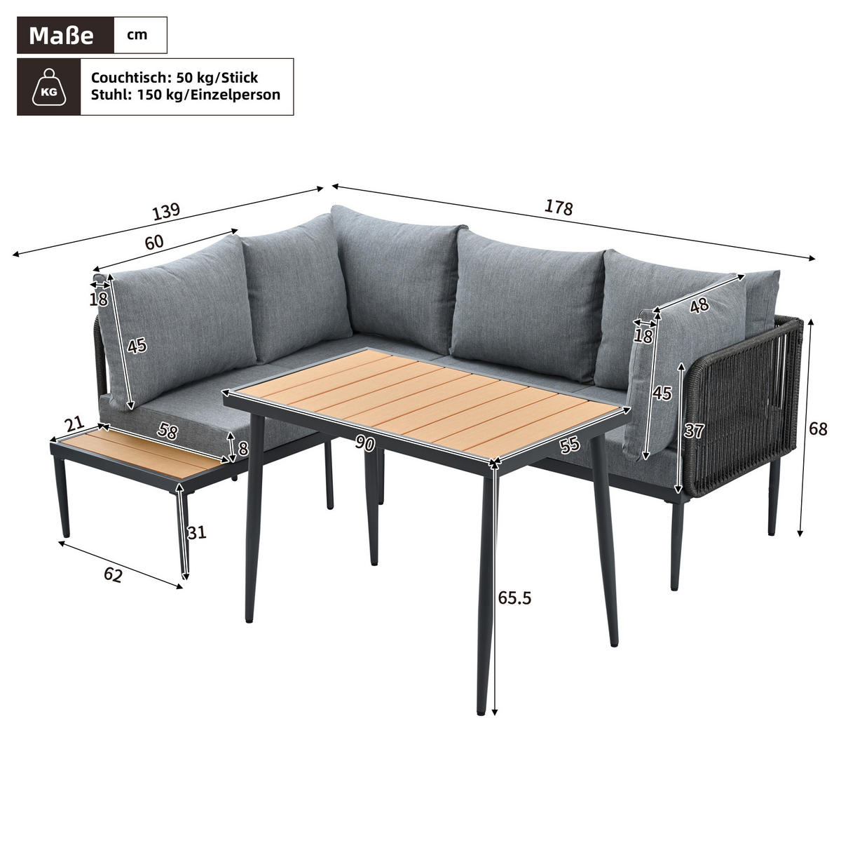 GARTEN-ESSGRUPPE 178/139/68 cm grau aus Olefin und verzinktem Stahl mit Ecksofa und Esstisch - Grau, Metall - OKWISH