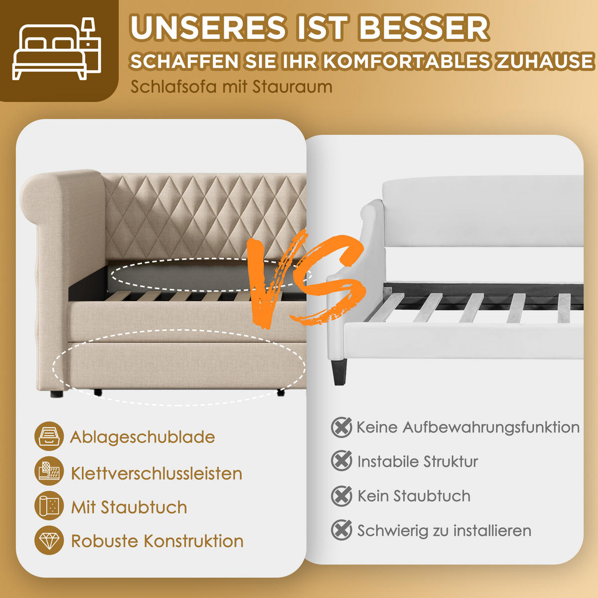 POLSTERBETT aus Leinen 90x200 cm in Beige mit 2 Schubladen - Beige, Textil (90/200cm) - Modfu