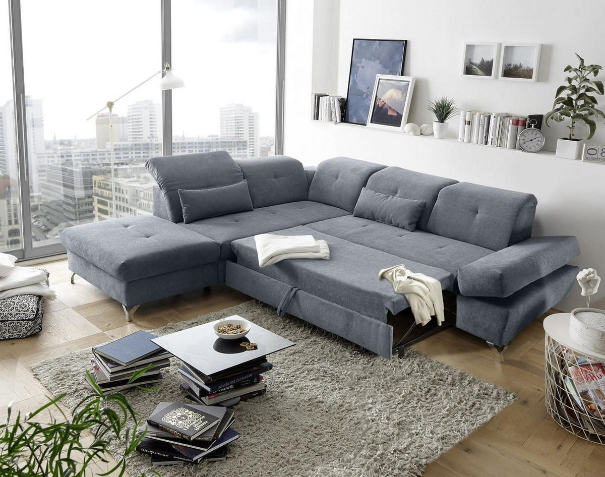 ECKSOFA mit Schlaffunktion und verstellbaren Kopflehnen - Chromfarben/Anthrazit, Textil/Metall (275/245cm) - ed exciting design