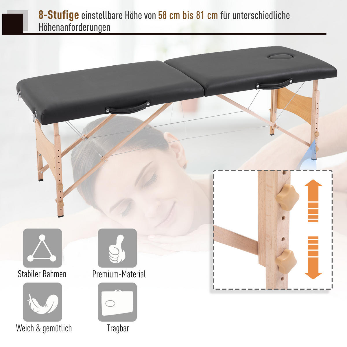 MASSAGELIEGE Mobiler Massagetisch Höhenverstellbar Kosmetik Bank Holz Schwarz - Schwarz, Kunststoff (60/58/186cm) - HOMCOM