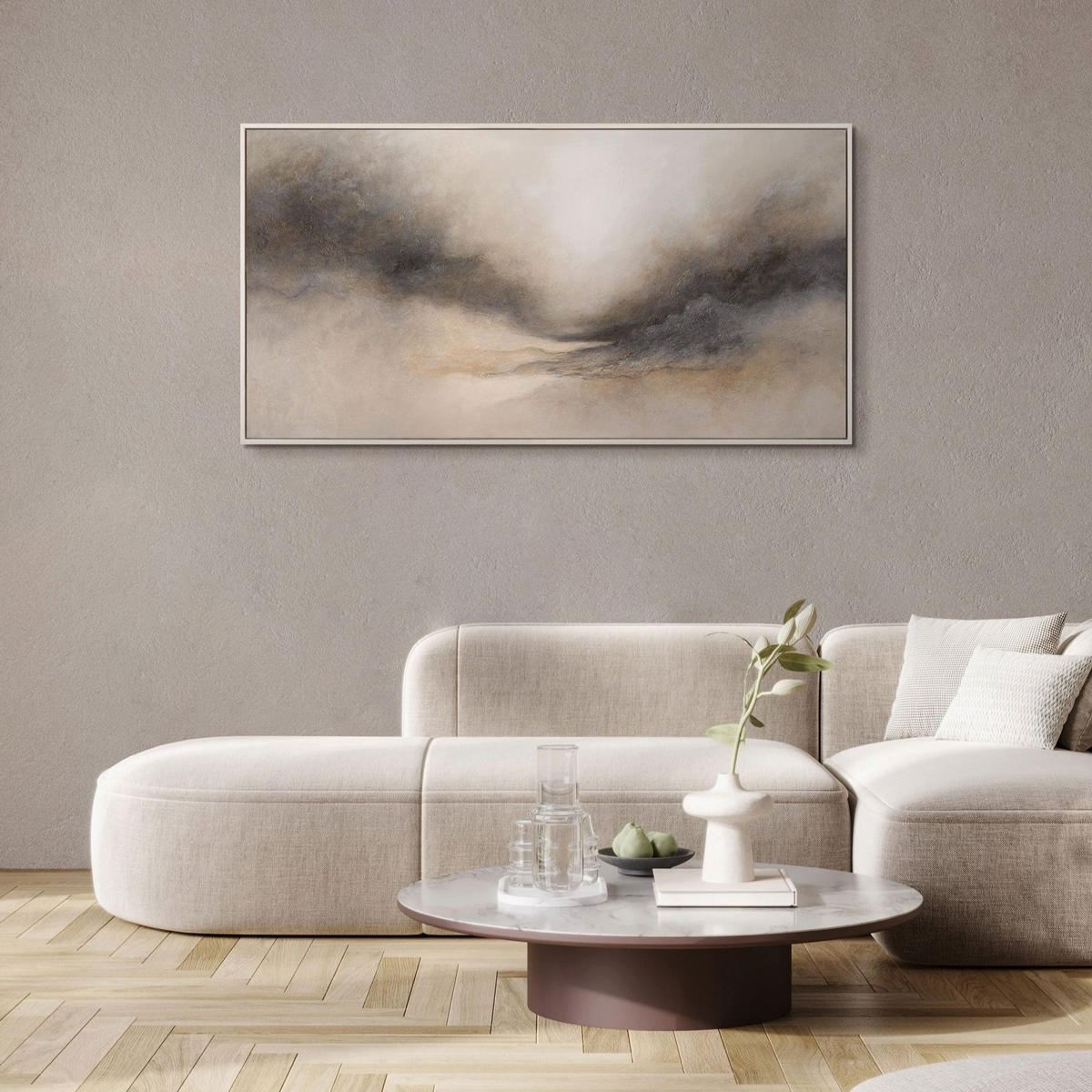 GEMÄLDE Nebliger Morgen Schattenfugenrahmen Beige 120x60 cm - Beige, Holz (120/60cm) - YS-art gallery
