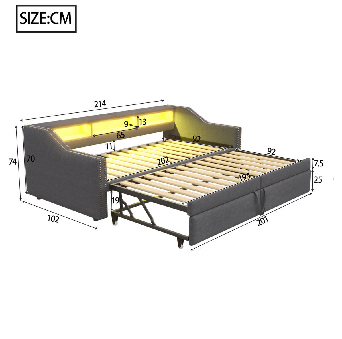SCHLAFSOFA Ausziehbares 90/180/200 cm Dunkelgrau mit Multifunktionalem Staufach und LED-Licht - Dunkelgrau, Textil (90/200cm) - OKWISH