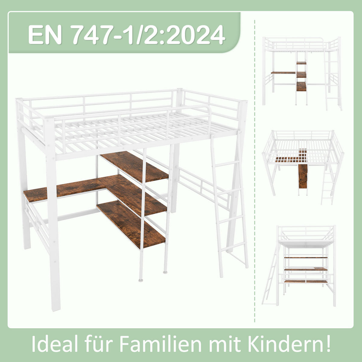 HOCHBETT 90x200cm mit Schreibtisch in 90x200cmMetall - Weiß, Metall (90/200cm) - KOMHTOM