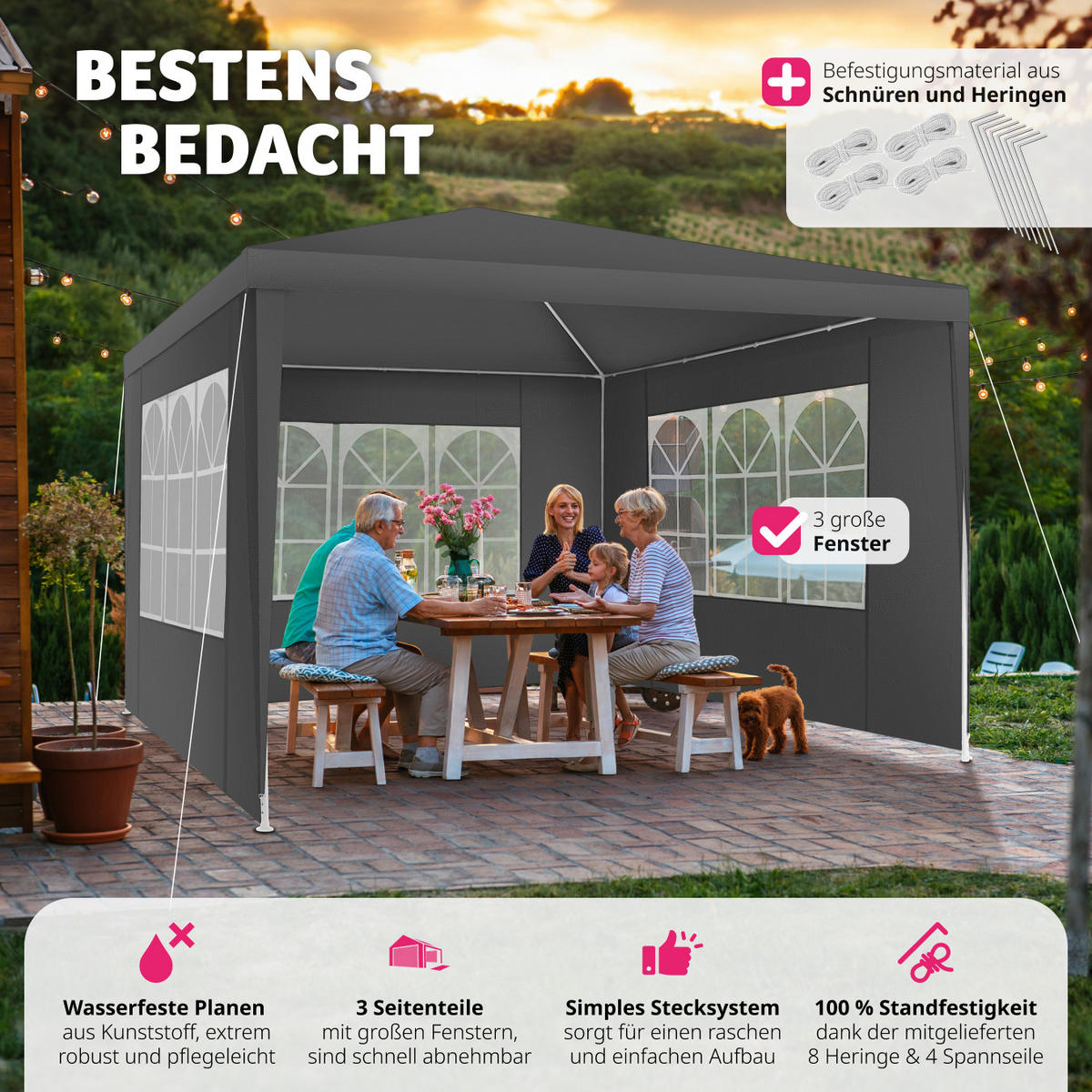 PAVILLON Baraban,inklusive Spannseile und Heringe,grau - Grau, Kunststoff (300/250/300cm) - tectake