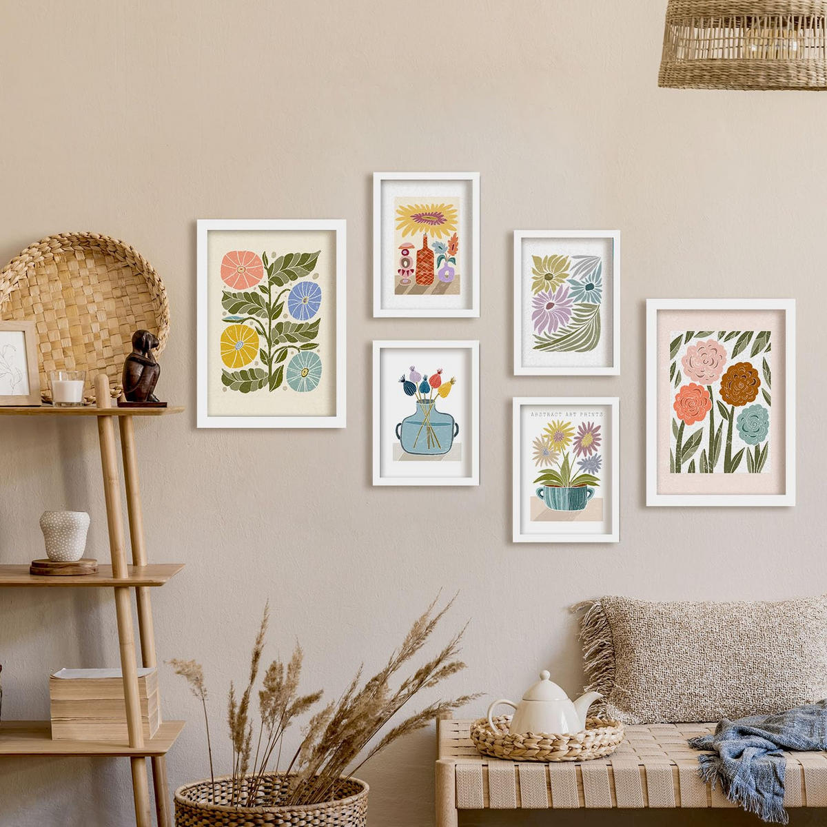 POSTER Set Mit 6 Drucken Blüten In Der Sammlung Ethnischer Style Drucke Dekorative Rahmen Für Ihr Zuhause Wandkunstdruck A3 & A4 Weißer Rahmen - Weiß, Papier (29/3cm) - Nacnic
