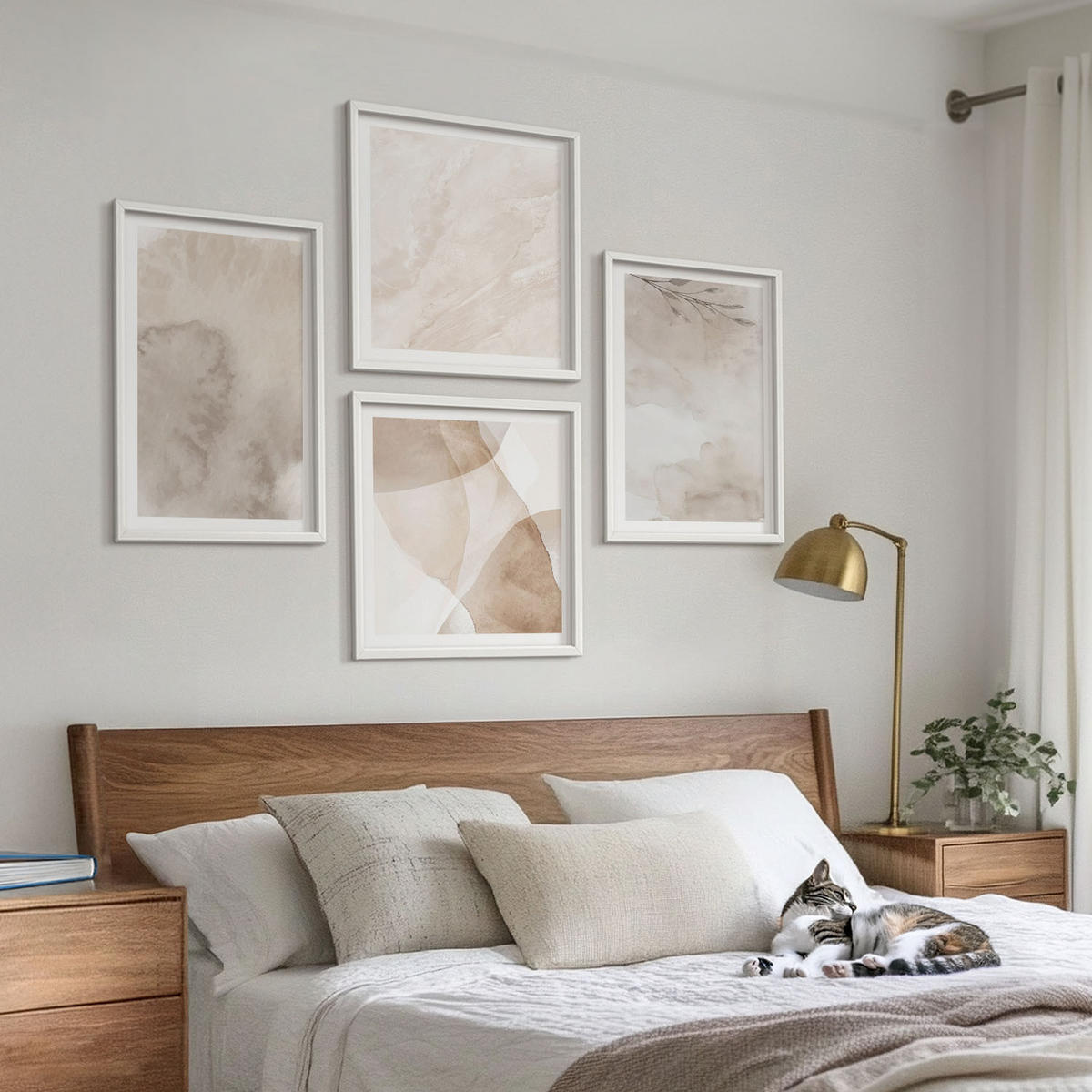 WANDBILDER 4er-Set - 50x50 cm & 40x60 cm Weißer Rahmen - Aquarellfarben, Boho-Texturen - Weiß, Kunststoff (50/50cm) - ArtPrintCave